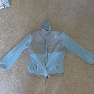 North face girls fleece jacket, grey and baby blue